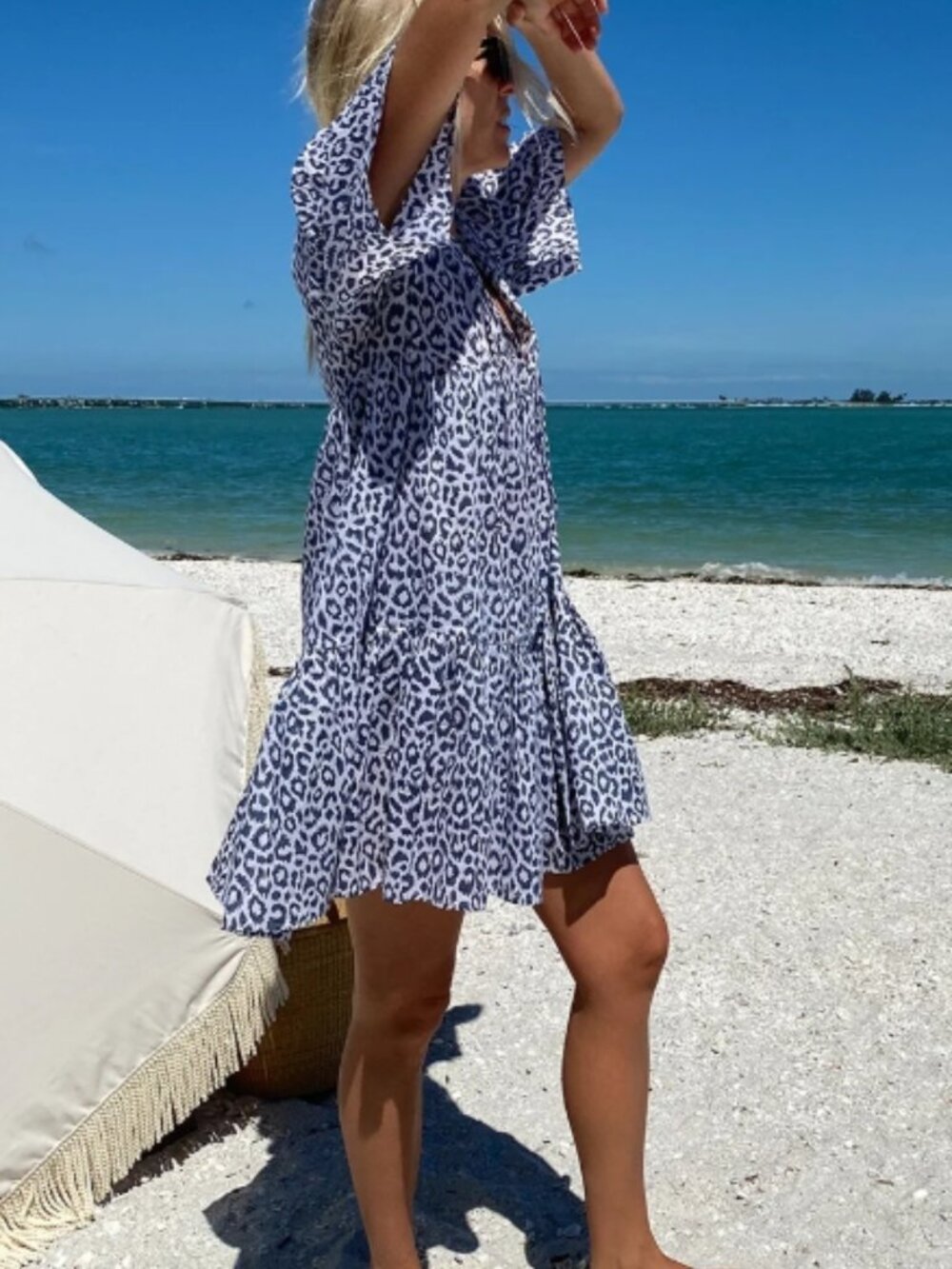 Emerson Fry | Isla Leopard Print Cotton Dress White Gray Navy XS/S
